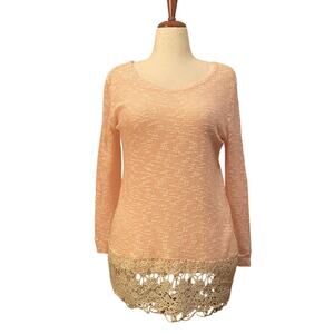 New Light Fashion Women's Knit Sweater w/cream lace trim, M, Peach, Feminine